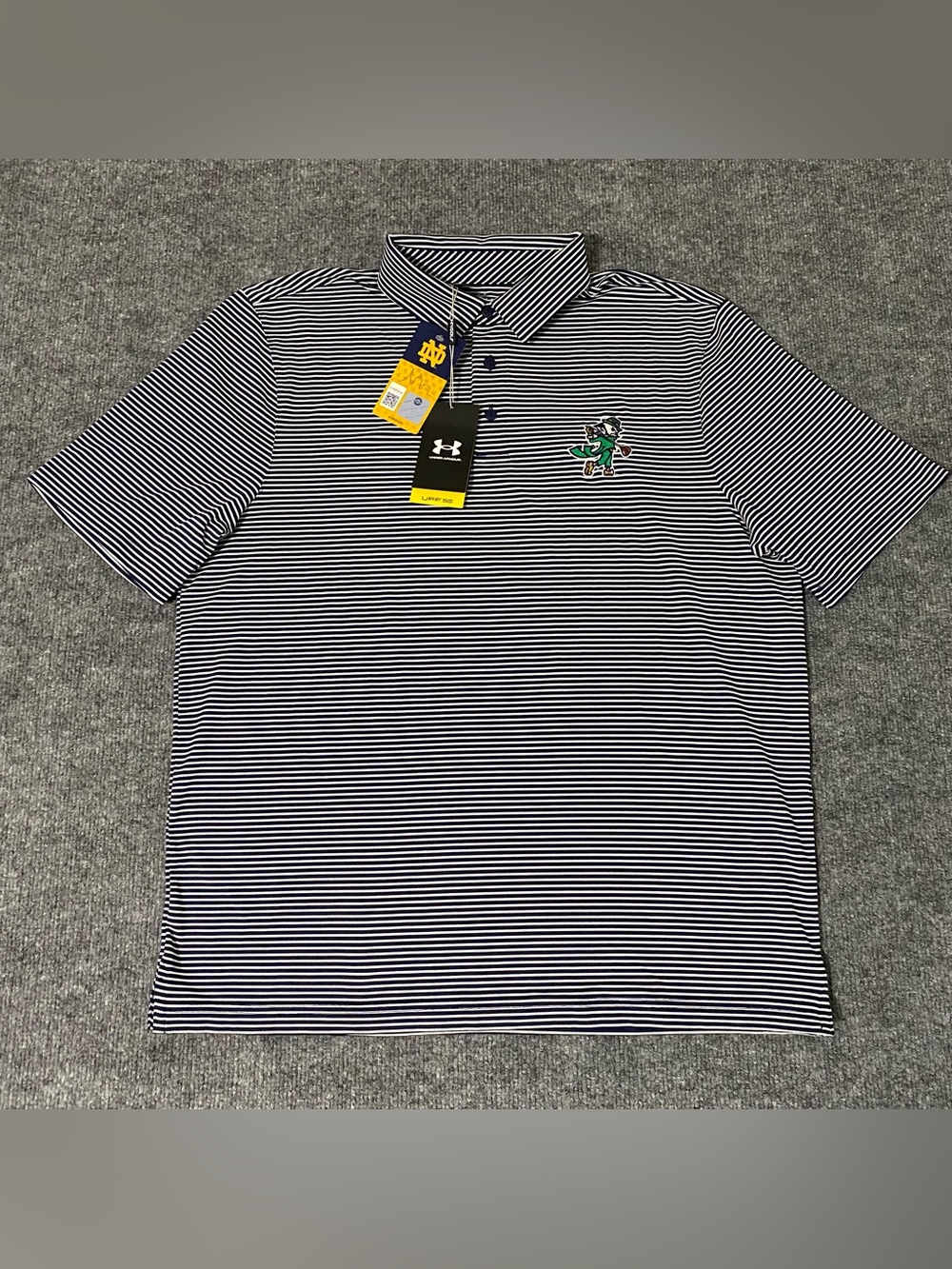 Under Armour Notre Dame Fighting Irish Golf Leprechaun Stripe Polo Mens L NWT - Picture 2 of 13